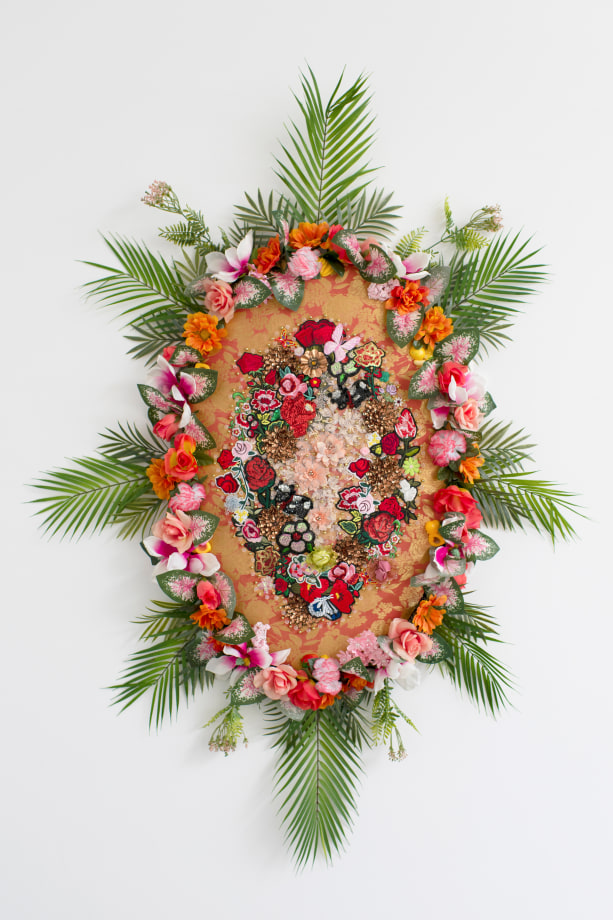 Max Colby, Elegy 2, 2019,&nbsp;Crystal and plastic beads, sequin patches, found fabric, trim, fabric flowers, magnets, polyester batting, Baltic birch plywood, thread,&nbsp;62 x 45 x 5 in (157.48 x 114.3 x 12.7 cm), &nbsp;