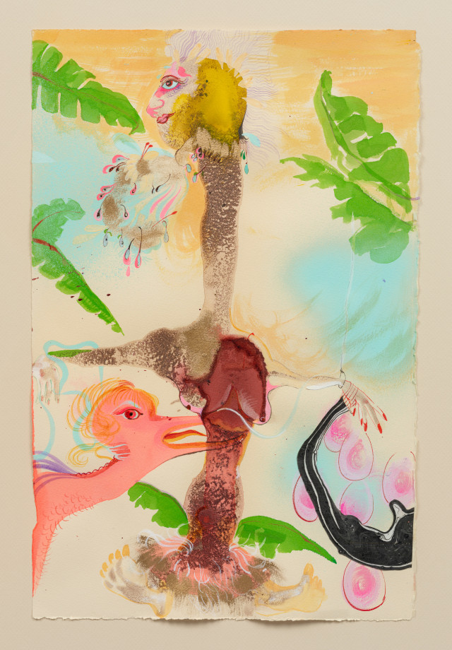 Rina Banerjee, &ldquo;Take me I am yours&rdquo;&hellip;said the Worm to her Bird, devotion to surrender, be devoured in pleasure? masculinity, so clever to take what is forever and never hers, her life, her soul delivered by marriage, romance, family to be eaten and beaten., 2022,&nbsp;Mixed media on paper,&nbsp;19.625 x 12.875 in (49.85 x 32.7 cm), &nbsp;