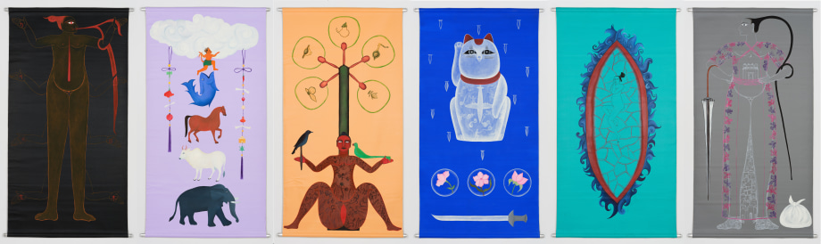 Six panel artwork by Rekha Rodwittiya depicting a story of Nukata No Okimi and Yayavar