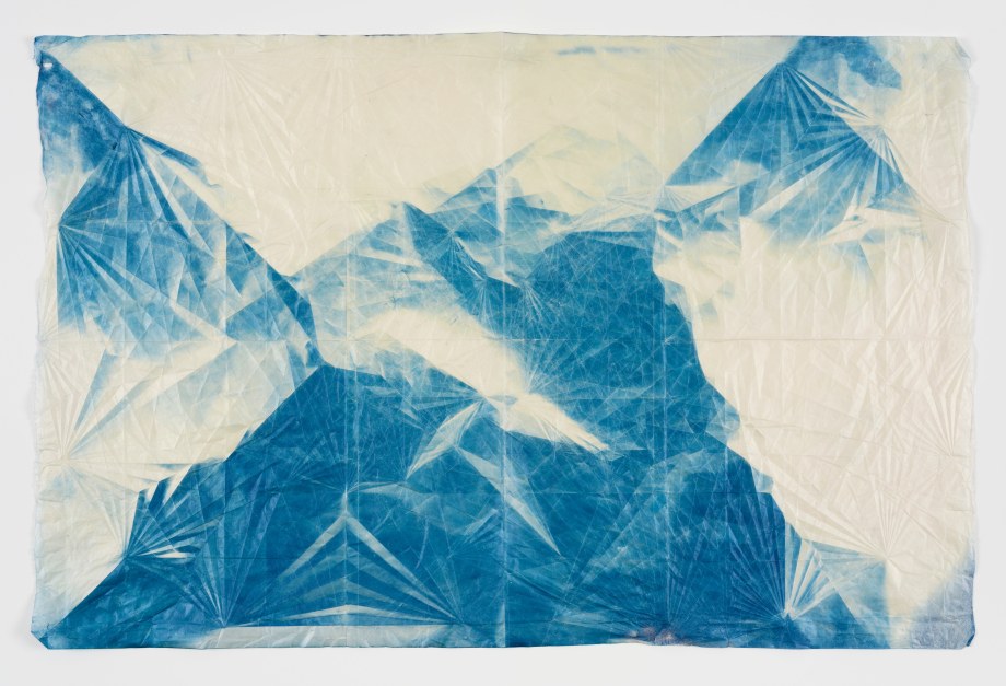 Abstract blue and white geometric mountains via cyanotype and folded handmade kozo paper