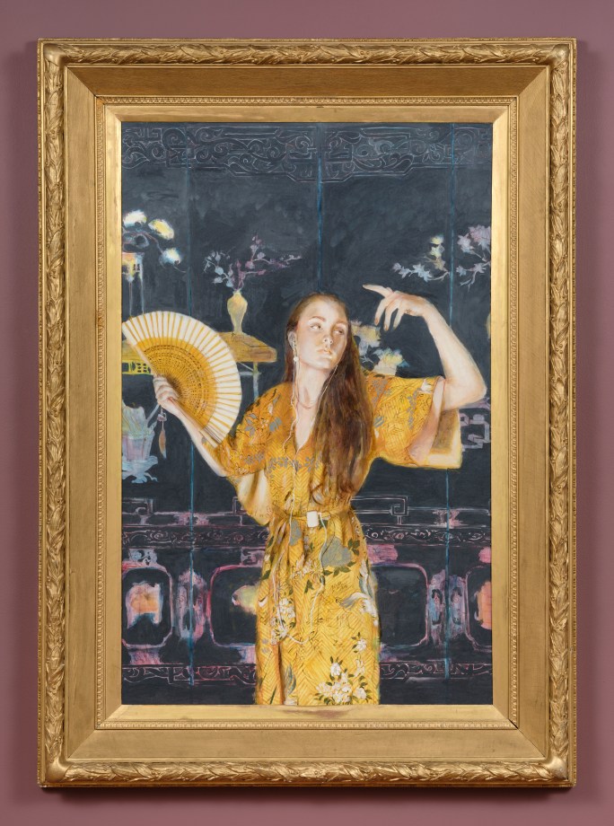 Painting of the artist's daughter wearing a yellow kimono and holding a fan while listening to her ipod.