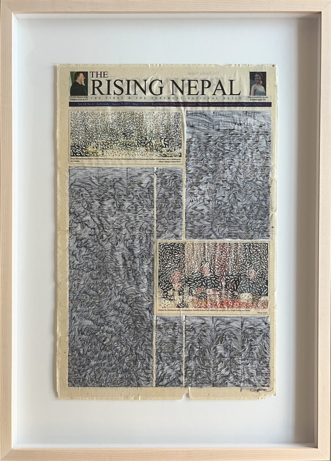 Youdhisthir Maharjan,&nbsp;The Rising Nepal (1/25/2017), 2017,&nbsp;Hand-cut text collage on reclaimed book pages, 21.5 x 13.75 in