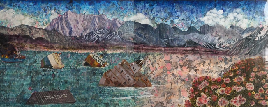 Painting of the wrecking ships and shipping cargos in the ocean surrounded by mountains and the flower garden