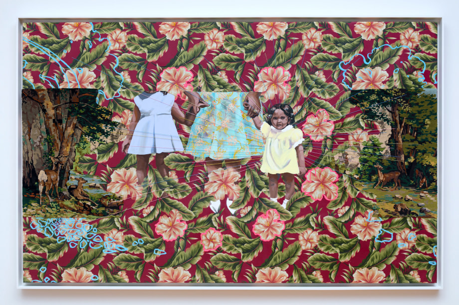 Suchitra Mattai,&nbsp;My life is not my own,&nbsp;2019, Gouache, found needlepoint, and embroidery floss on fabric, 48 x 76 in