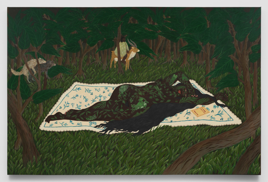 Venus-like nude figure in the woods laying on an embroidered blanket with Maryse Conde's book I, Tituba, Black witch of Salem