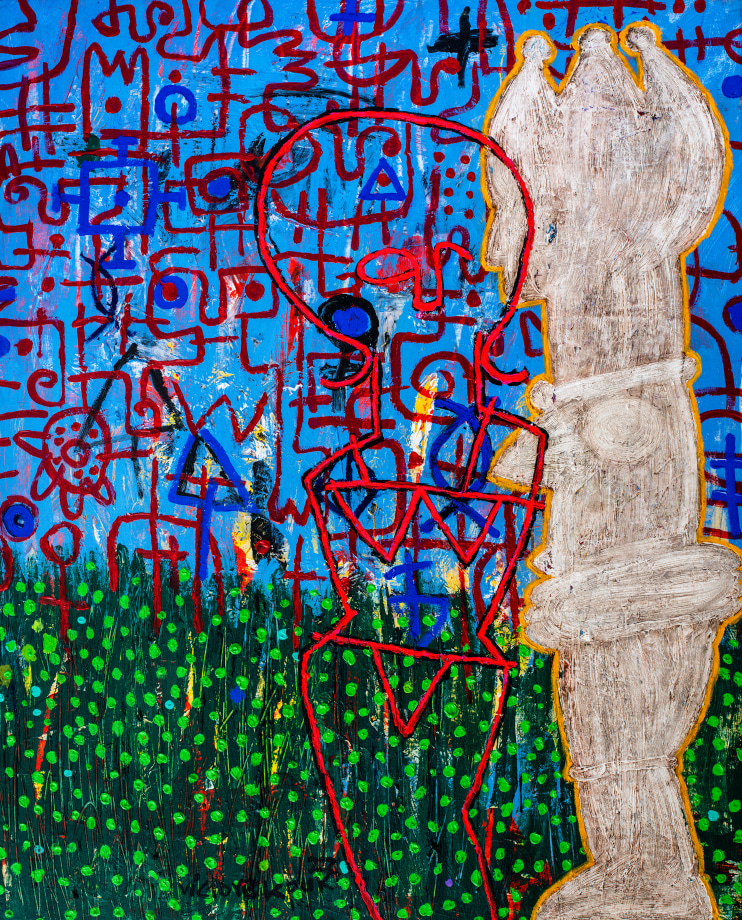 Acrylic painting of two figures based on ancestral African statues on bright background.