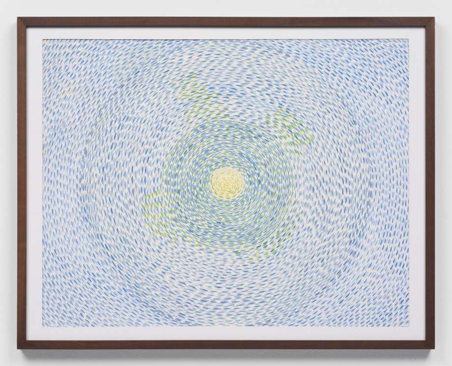 Abstract painting of blue and green concentric circles