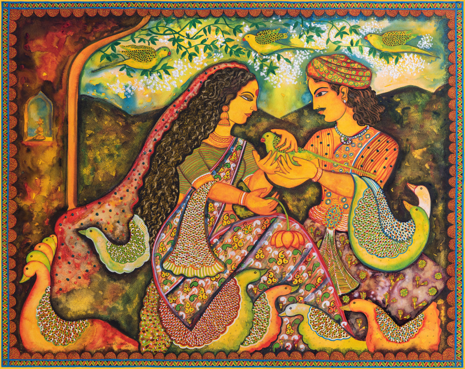 Jayasri Burman, Draupadi and Sahdev,&nbsp;2017, Watercolor, pen and ink on paper,&nbsp;48 x 60 in
