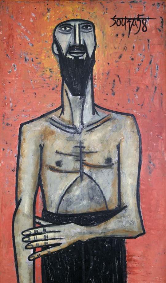 Portrait of M. F. Husain standing from the thighs up