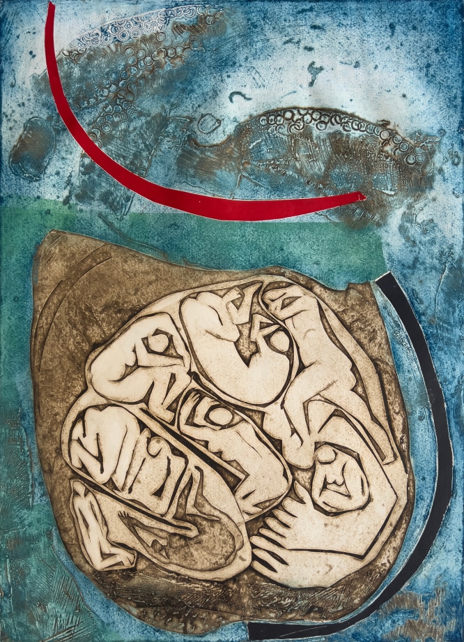 Print of a womb with multiple bodies inside