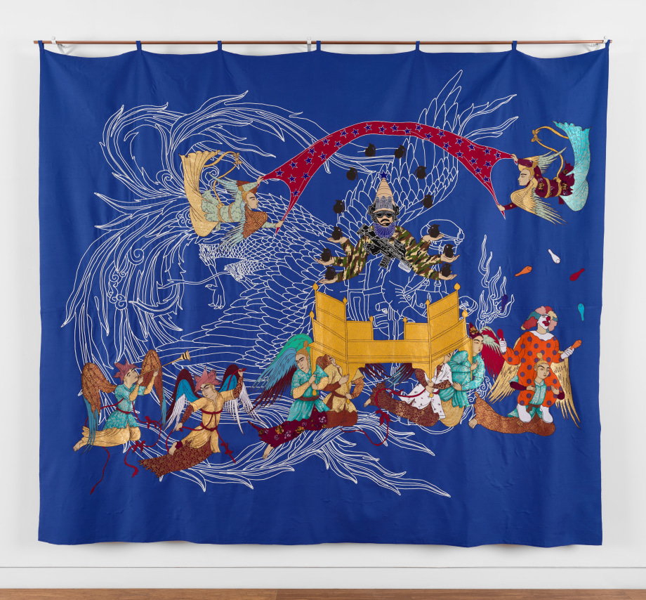 Khadim Ali,&nbsp;Birth of Demons 7, 2024,&nbsp;Embroidered silk, 101 x 121 in (256.5 x 307.3 cm), KHAAL020