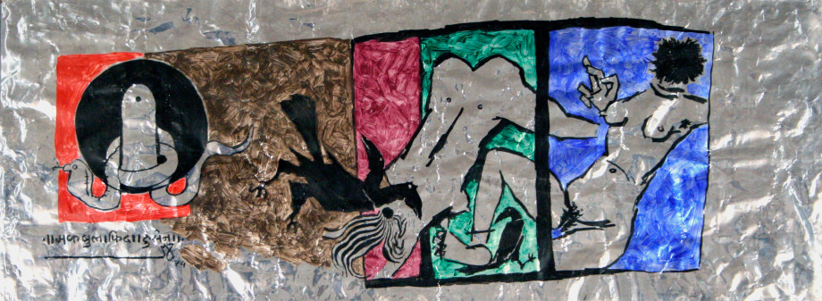 M. F. Husain,&nbsp;Shiv Lingham (Untitled Snakes and Crows),&nbsp;1974,&nbsp;Acrylic on foil, 19 x 53 in