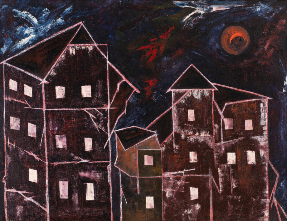 Townscape in dark colours with a white outline