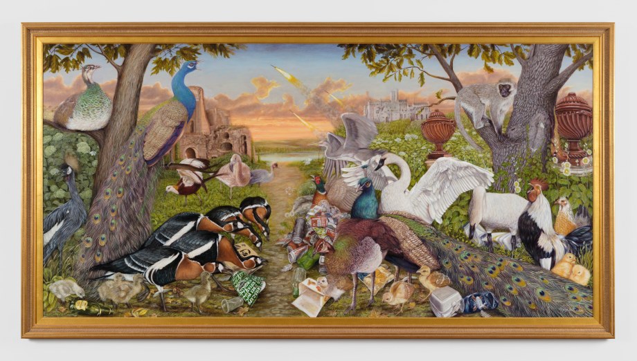 Fantastical landscape painting with a menagerie of birds and contemporary detrius/weapons