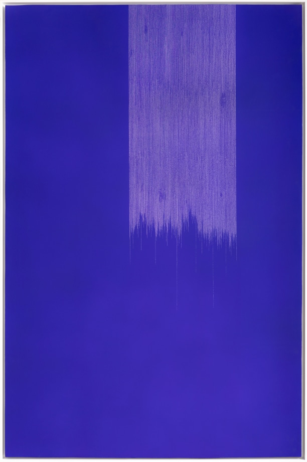 abstract painting of a blue field with white marks