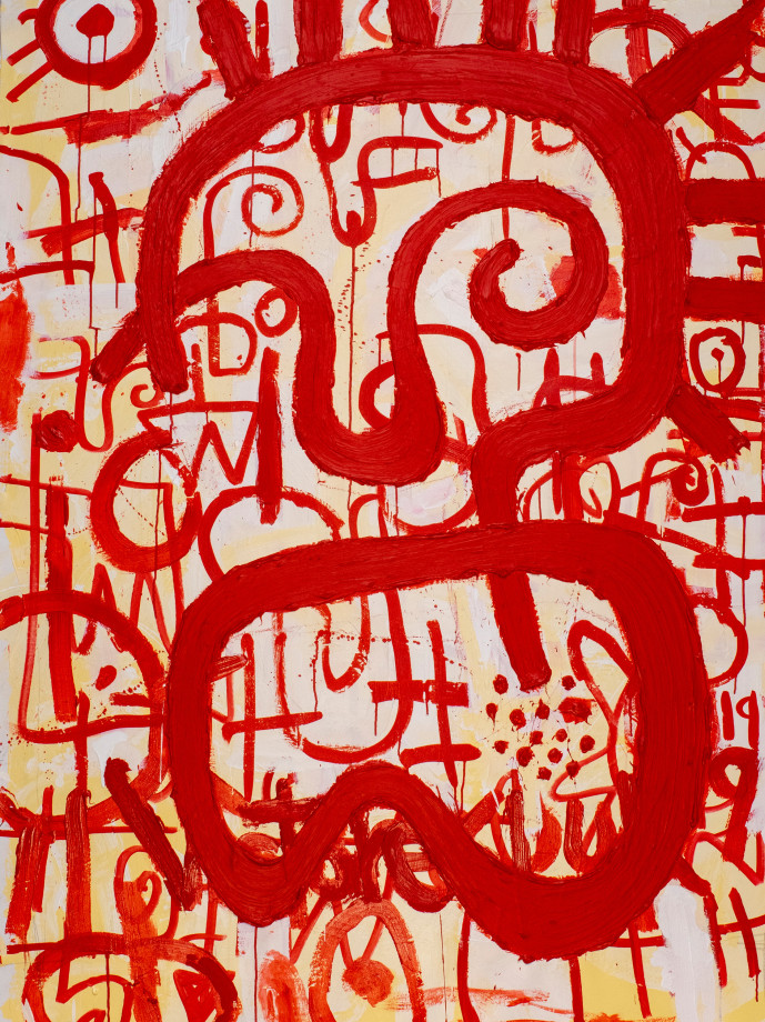 Victor Ekpuk,&nbsp;Composition in Red 2,&nbsp;2019,&nbsp;Acrylic on canvas,&nbsp;66 x 48 in&nbsp;