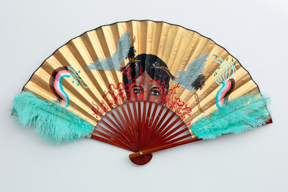 Suchitra Mattai,&nbsp;The Life Inside,&nbsp;2021,&nbsp;Acrylic, feathers and vintage fan, 30 x 53 in