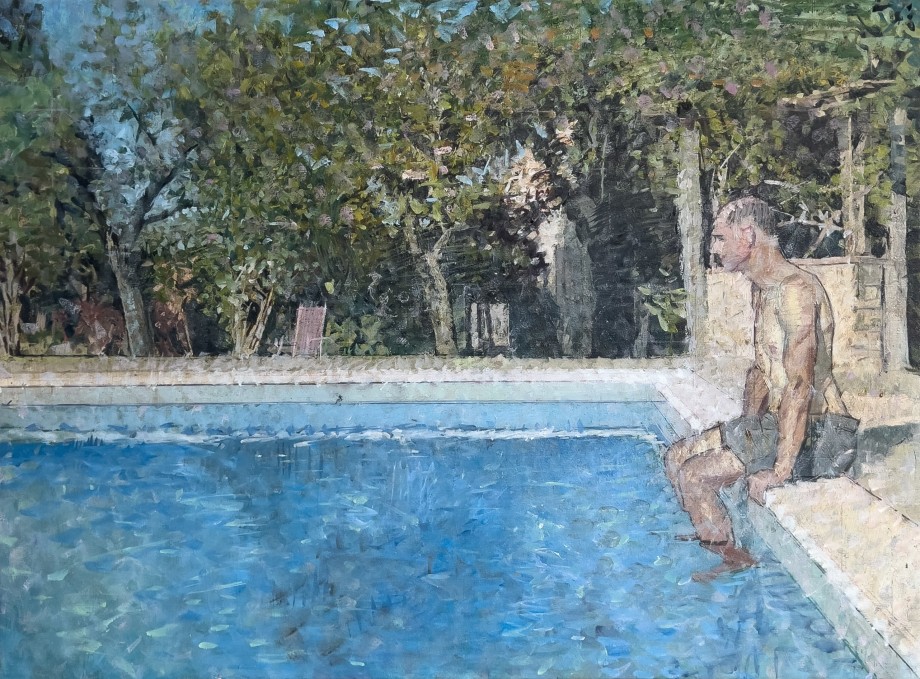Bernardo Siciliano oil painting of man sitting on edge of pool