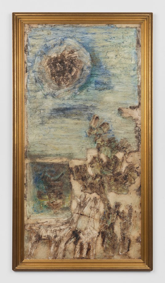 Abstract landscape painting in blue and beige with a large gold frame