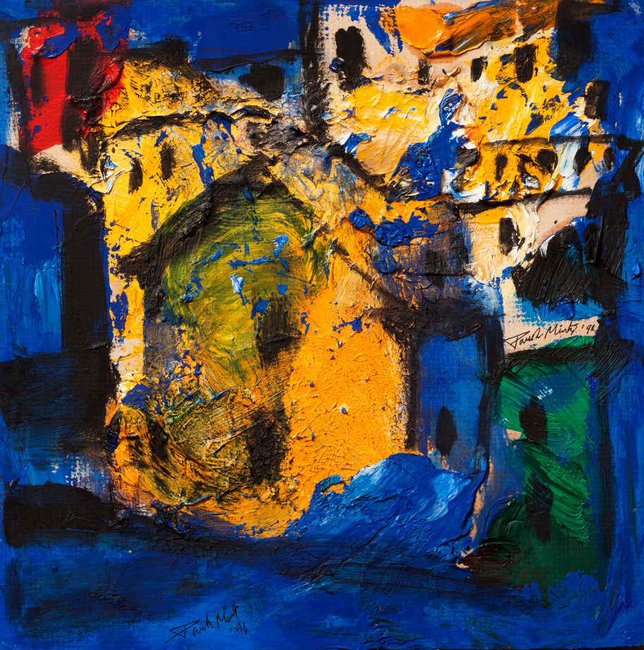 Paresh Maity,&nbsp;Untitled&nbsp;(Blue Cityscape),&nbsp;1991, Oil on board,&nbsp;11 x 11 in
