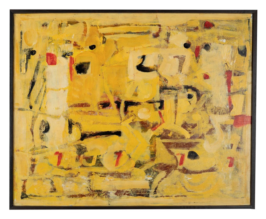 Abstract painting with yellow background and complimenting shapes and colours overtop.