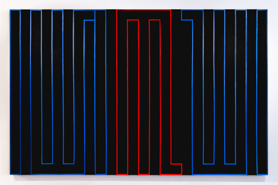 Allah in blue and red on black background