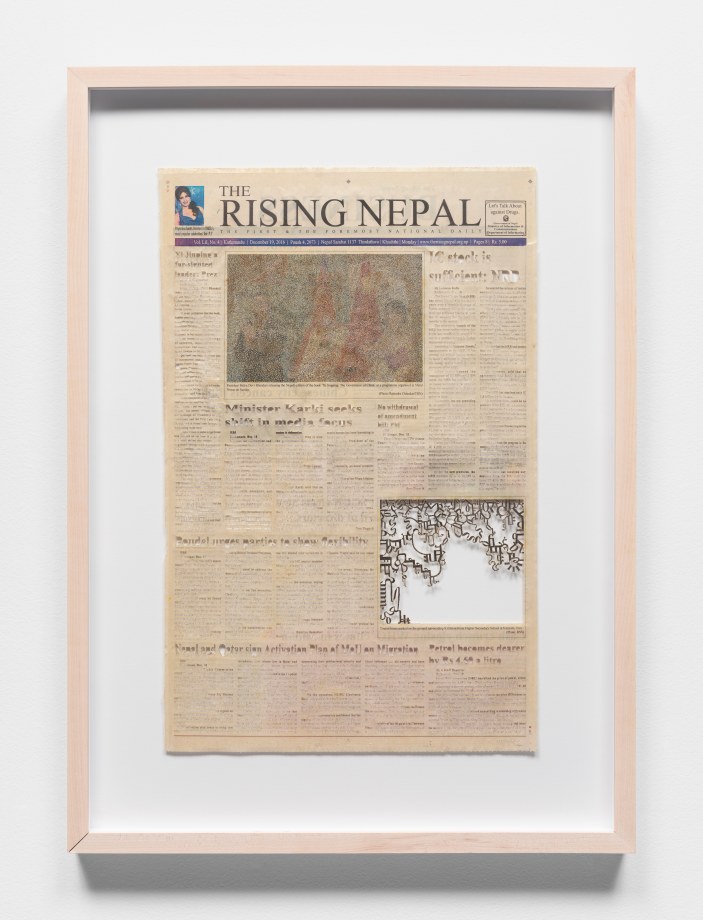 Youdhisthir Maharjan,&nbsp;The Rising Nepal (12/19/2016), 2017,&nbsp;Hand-cut text collage on reclaimed paper, 21.5 x 13.75 in