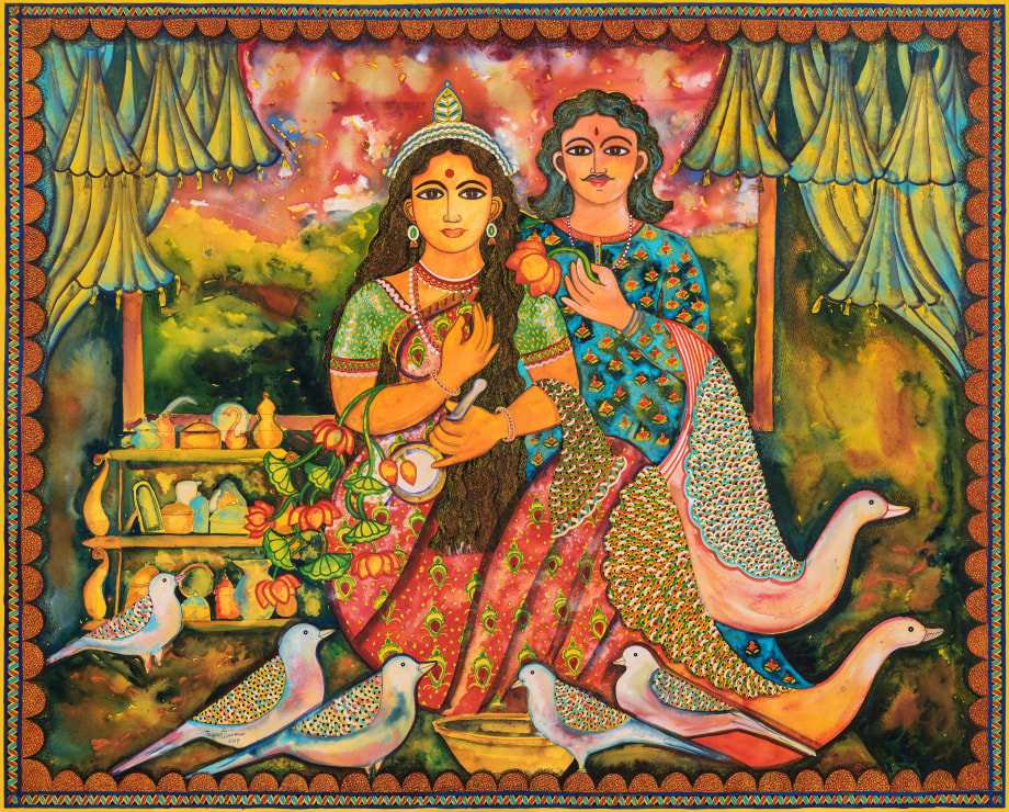 Jayasri Burman, Draupadi and Nakul,&nbsp;2017,&nbsp;Watercolor, pen and ink on paper,&nbsp;48 x 60 in