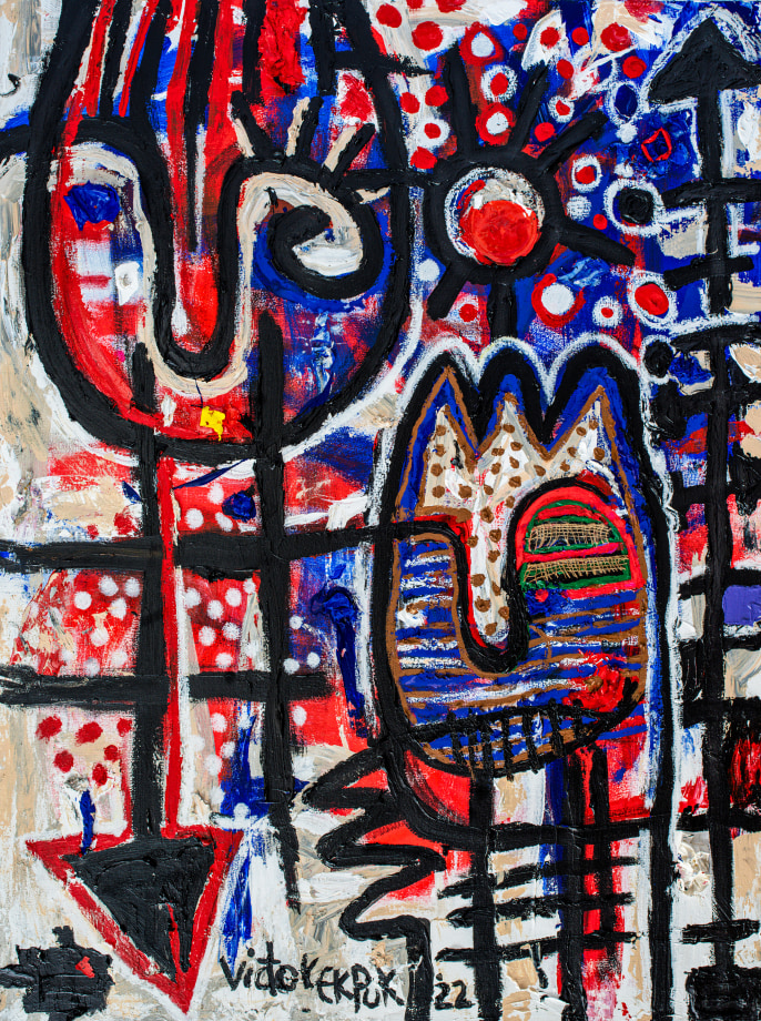 Two abstract heads on a background of red, blue and white