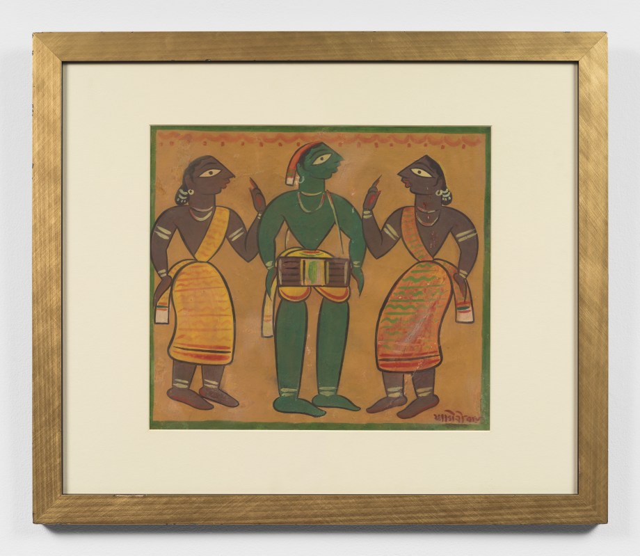 Painting of a drumer flanked by two dancers