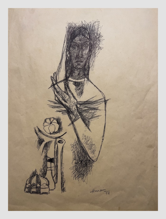 Maqbool Fida Husain,&nbsp;Untitled (Madonna with Flower), 1959, Ink on paper, 13 &frac12; x 10 in (34.3 x 25.4 cm), HUSMF081