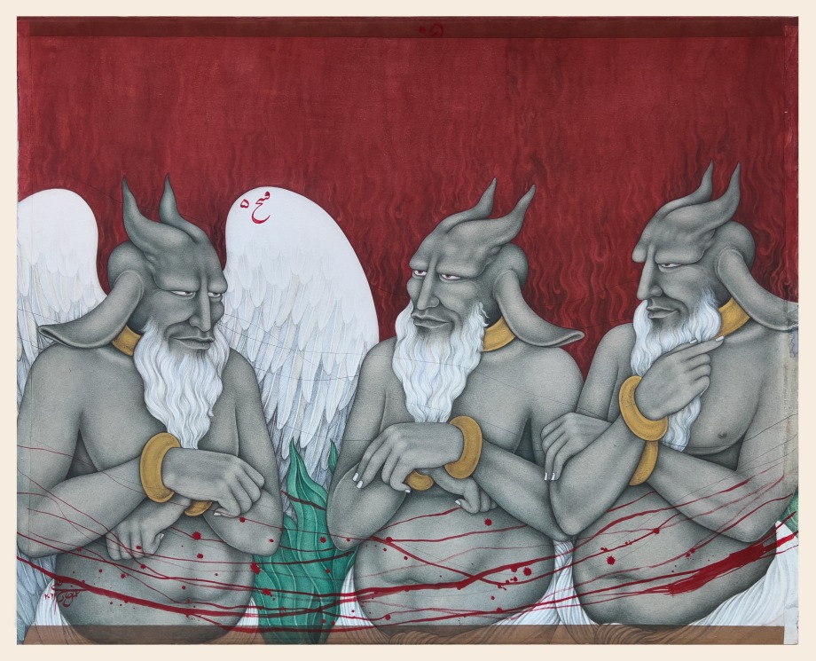 Three standing demons on a deep red background