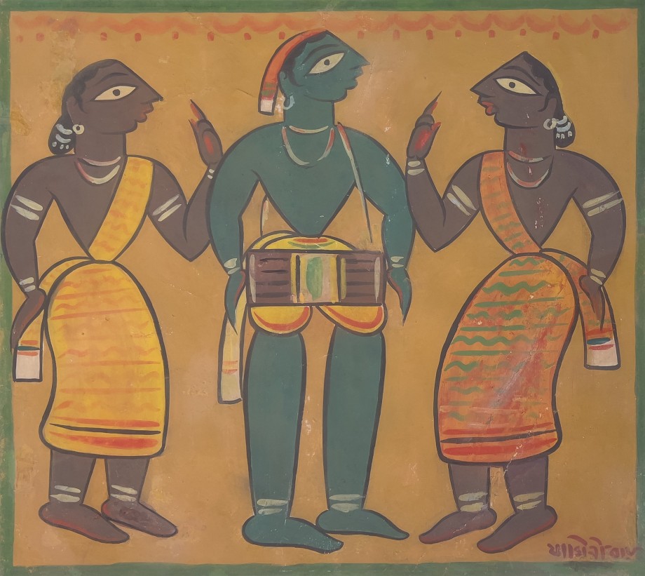 Figurative painting of a central drummer flanked by two dancers