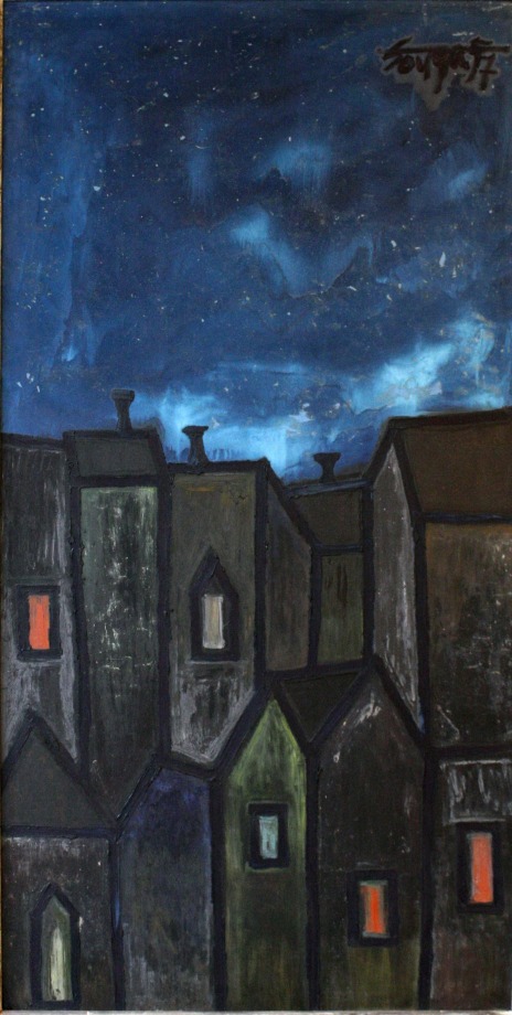 F. N. Souza,&nbsp;Houses at Night,&nbsp;1957,&nbsp;Oil on board, 48 x 24 in