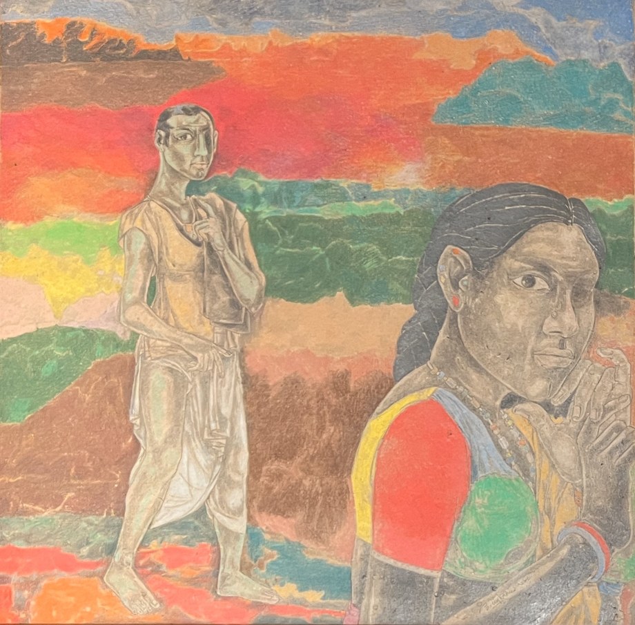 Two female figures in a colorful landscape