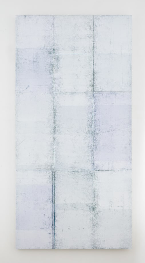 Abstract color filled painting in tones of light blue with the vertical and horizontal lines