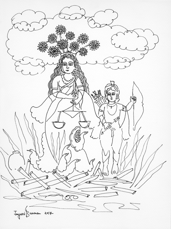 Jayasri Burman, From the Draupadi Series 4,&nbsp;2017,&nbsp;Pen and ink on paper,&nbsp;11 x 15.5 in