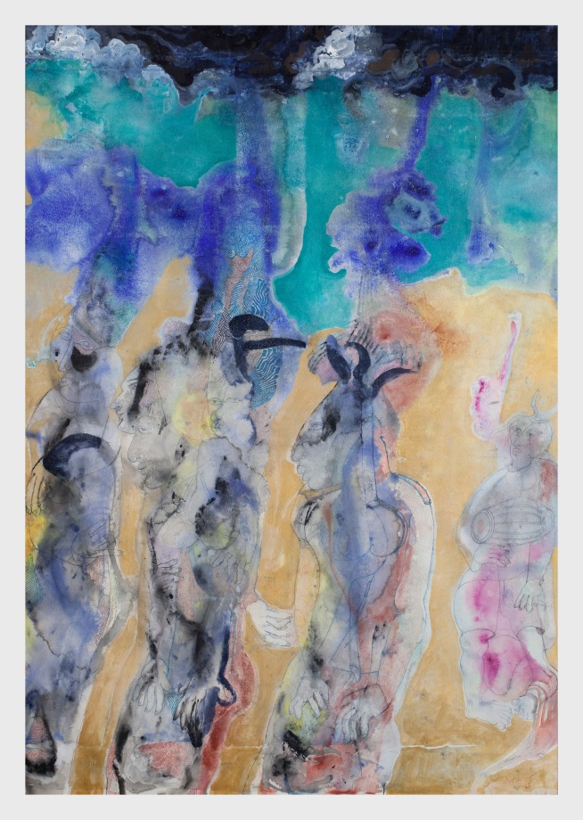 painting of multiple figures talking on an abstract background