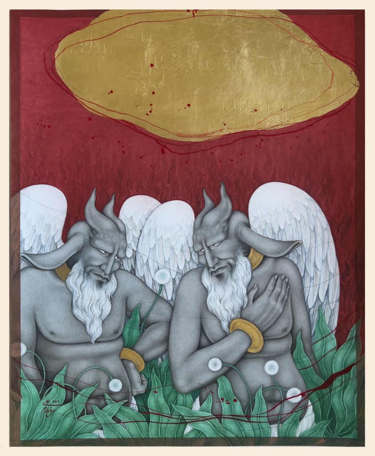 two identical demons in greenery on a red background