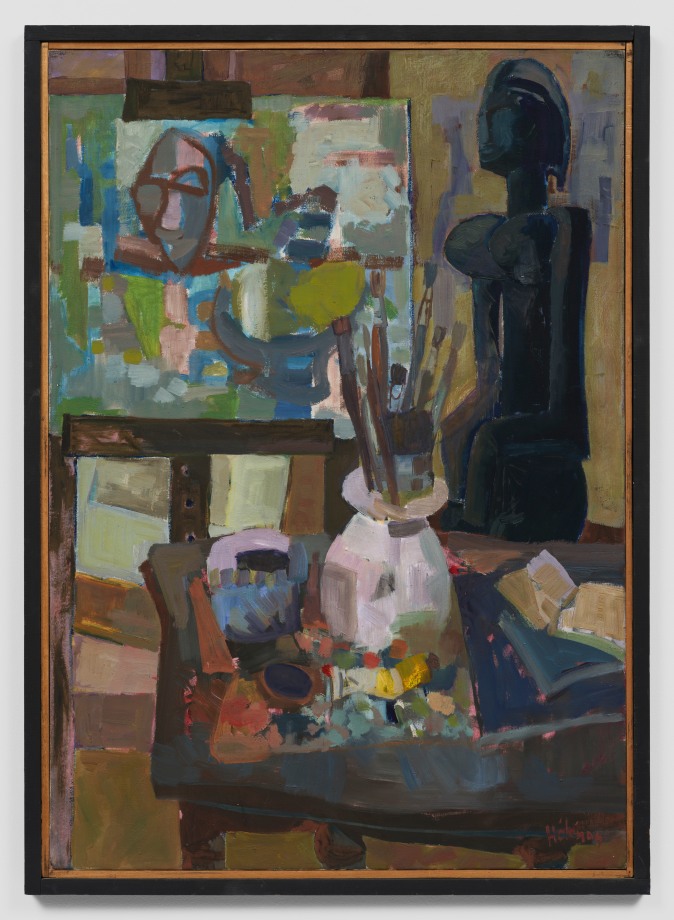 Abstract painting of still life in green, white, yellow, blue, brown and black