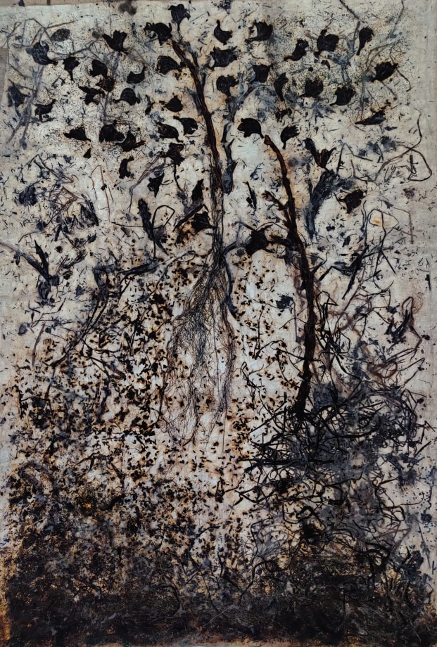 Jayashree Chakravarty,&nbsp;Blooming flowers,&nbsp;2020,&nbsp;Dry leaves, flowers, roots, jute, seeds, tea leaves, acrylic paint, cotton, fabric, nepali paper, thin tissue paper, synthetic glue,&nbsp;72.5 x 48.75 in