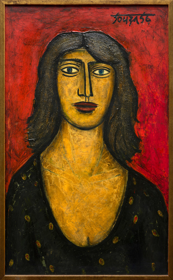 Portrait of a woman with a black top on bright orange background