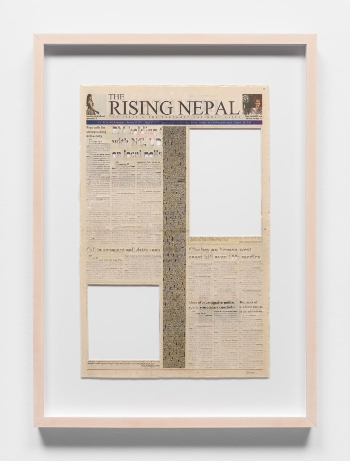 Youdhisthir Maharjan,&nbsp;The Rising Nepal (1/30/2017), 2017,&nbsp;Hand-cut text collage on reclaimed newspaper, 21.5 x 13.75 in