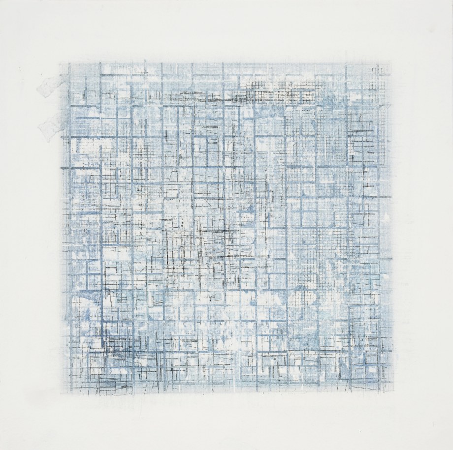 Abstract color filled painting in tones of light blue and white with the black and blue grid lines