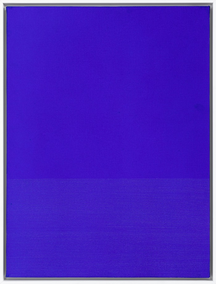 abstract painting of a blue field with white marks