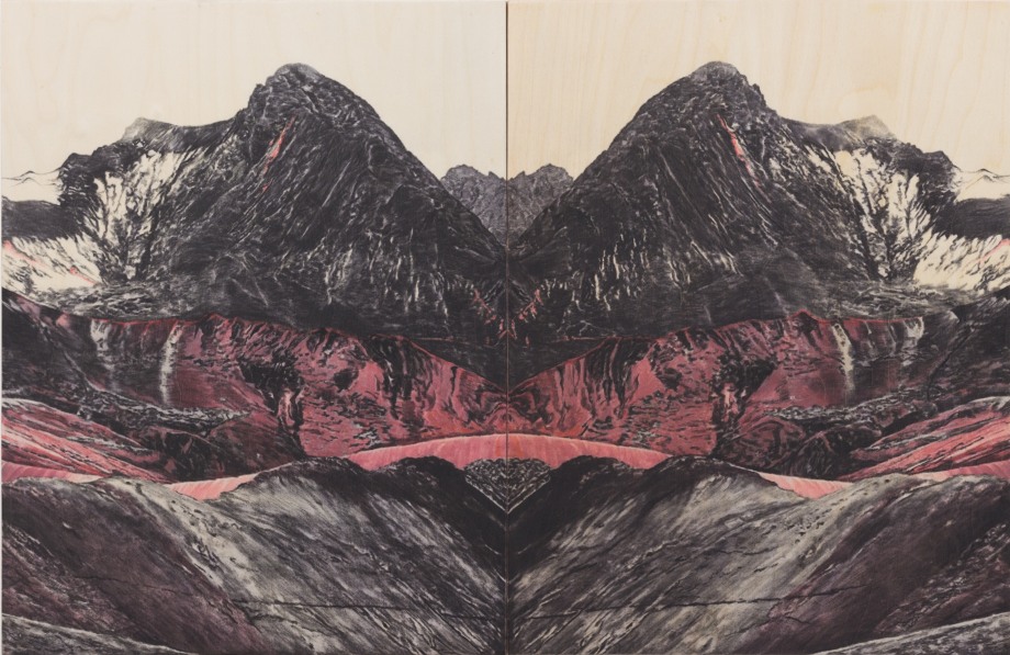 Saad Qureshi,&nbsp;High is The Mountain,&nbsp;2018,&nbsp;Mixed media including charcoal, colored pencil, ink on birch plywood,&nbsp;25.6 x 39.4 in