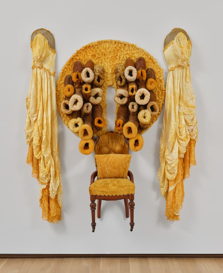 Anindita Dutta, Sex, Sexuality, and Society - Grenada, 2023,&nbsp;Marriage gown, used boots, and chair, all hand-dyed, 82 x 76 x 20&nbsp;&frac12; in (208.3 x 193 x 52.1 cm), DUTAN006