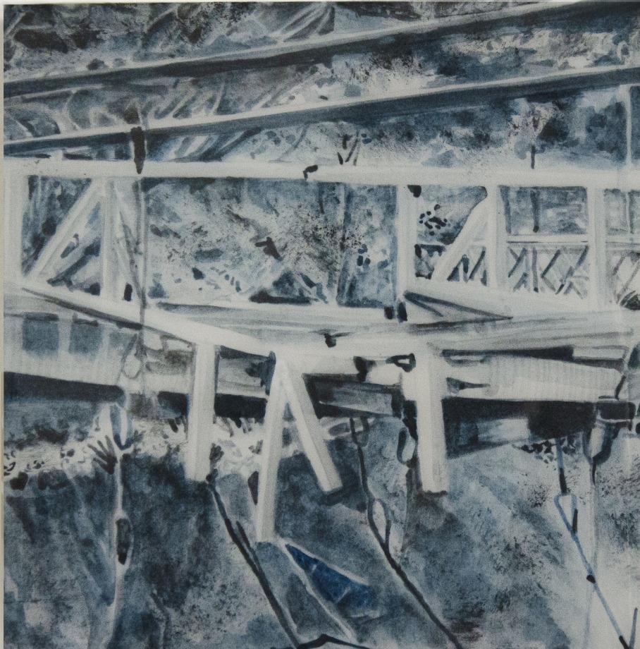 Saba Qizilbash,&nbsp;Kohala Bridge JK,&nbsp;2020,&nbsp;Soluble graphite and resin on paper mounted on wood, 6 x 6 in