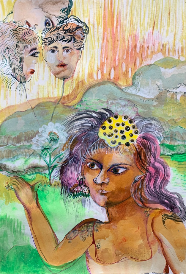 Rina Banerjee,&nbsp;Fevers and Flora, Gaugin&#039;s grandmother, her salt, her Peruvian heritage crossed mountains sent death kind balloons, face me nots, sweat of voyages eaten by inheritance,&nbsp;2020,&nbsp;Acrylic, ink and collage on paper, 22 x 15 in