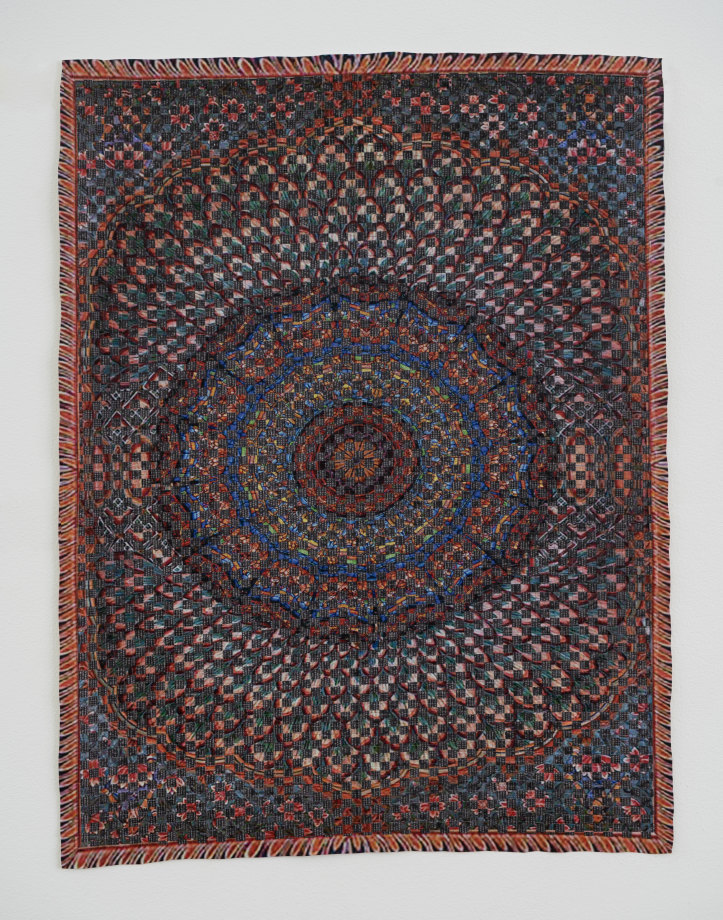 Woven paper artwork reminiscent of an oriental rug and stained glass windows